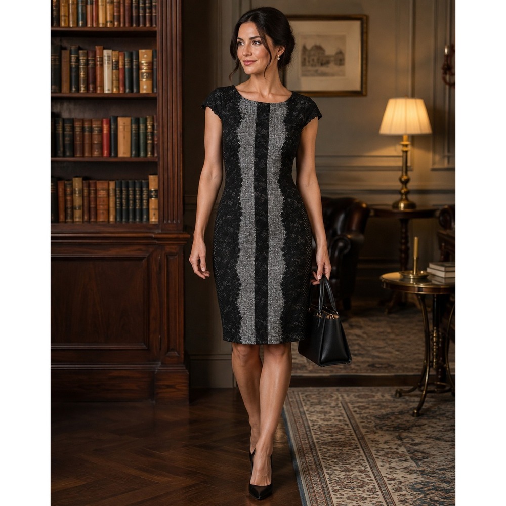 Betsey Johnson Black Gray‎ Tweed Floral Lace Cap Sleeve Sheath Dress Size 6